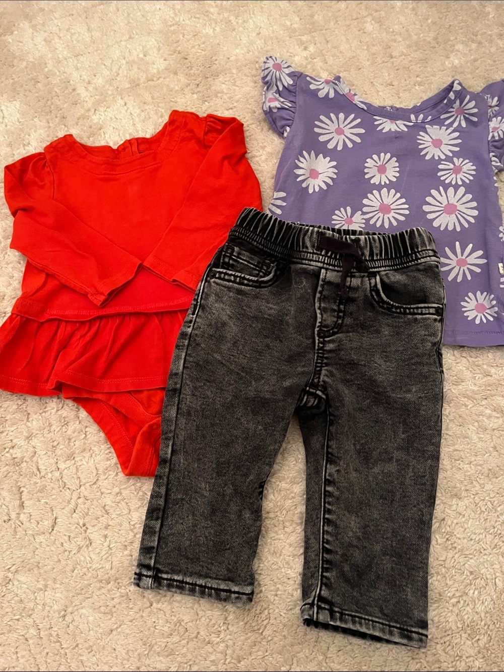 GAP bundle Black Wash Denim Jogger, orange ruffle onesie & mauve daisy shirt
